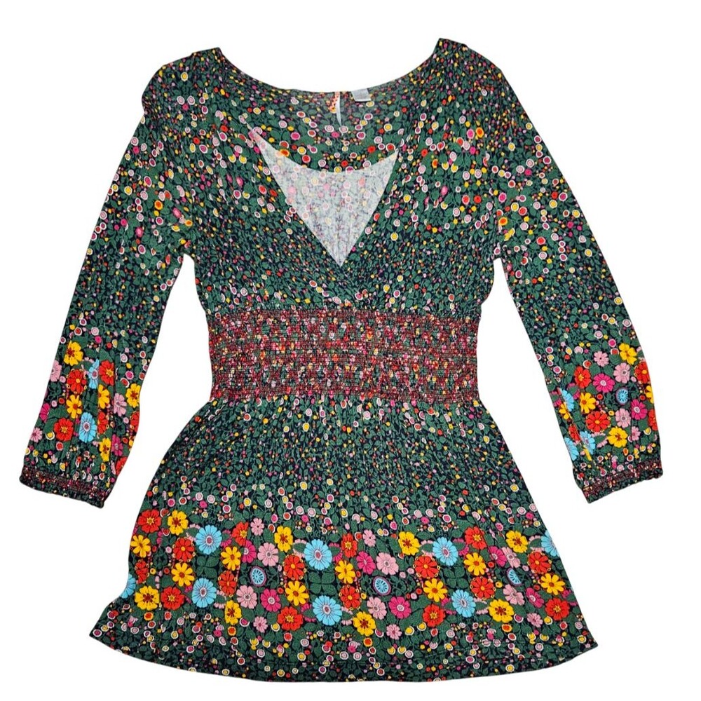 Ric Rac Women's Size M Plunging Neckline Smocked Waist Babydoll Top Floral Fairy